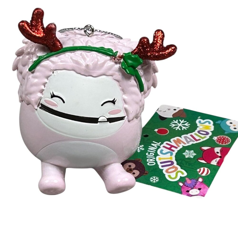 NEW 2022 Squishmallow Christmas Ornament BRINA The Pink Bigfoot YETI Red Antlers
